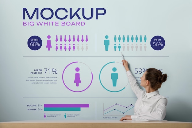 PSD business woman presenting statistics on white board in the office