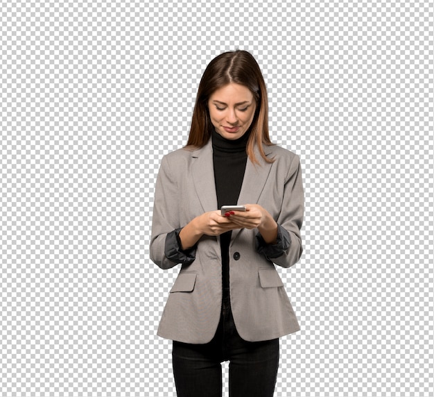 PSD business woman sending a message with the mobile