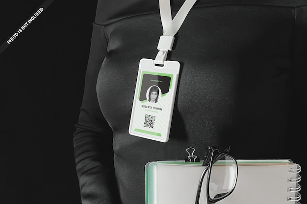 PSD business woman wearing id card around neck mockup