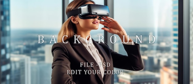 Business woman wearing virtual reality headset