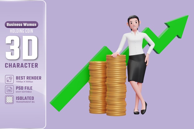 PSD business woman in white shirt and black skirt leaning on pile of gold coins with growing statistics