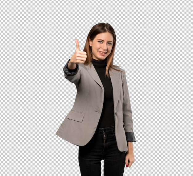 PSD business woman with thumbs up because something good has happened