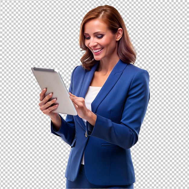 A business women holding a i pad on transparent background