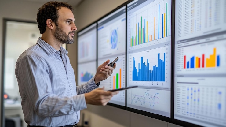 PSD businessman analyzing data on large display screen using tablet and phone