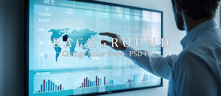 PSD businessman analyzing global data on a large screen