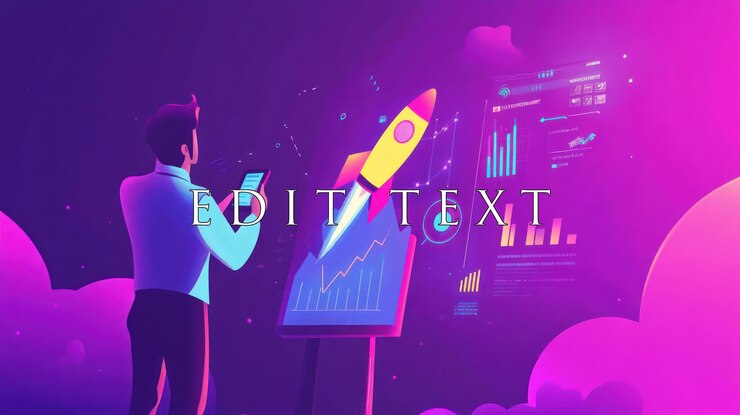 PSD businessman analyzing growth chart with rocket launch on digital screen