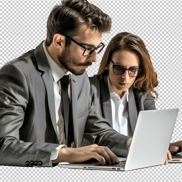 Businessman and woman using laptop