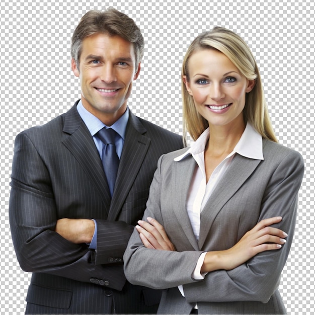 PSD businessman and a businesswoman pose on transparent background