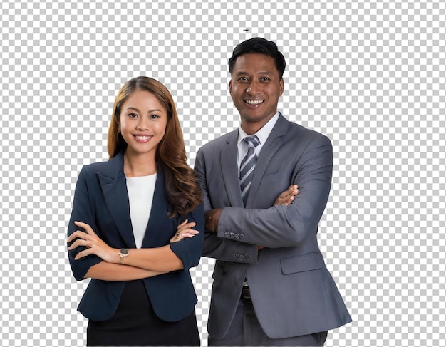 PSD businessman and businesswoman standing with arms crossed and smiling