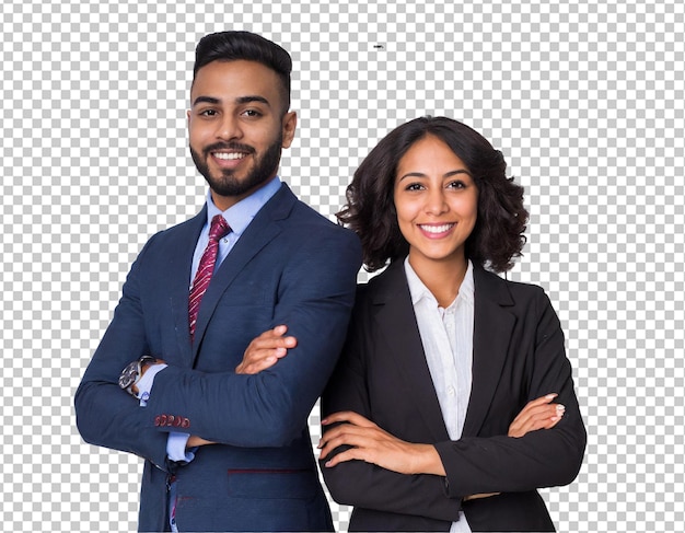 PSD businessman and businesswoman standing with arms crossed and smiling