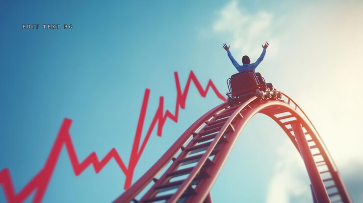 PSD businessman enjoying a rollercoaster ride symbolizing market volatility