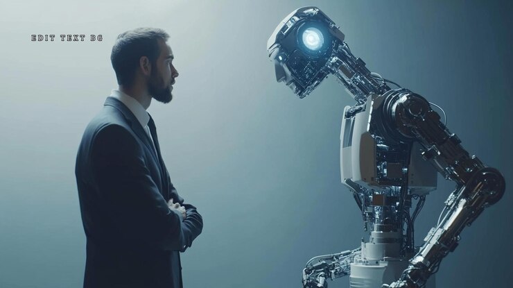 PSD businessman facing advanced humanoid robot futuristic concept
