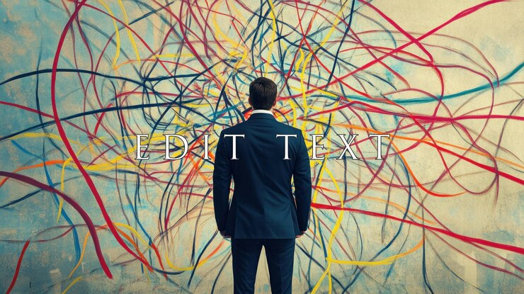 PSD businessman facing complex tangled colorful lines representing challenges and choices