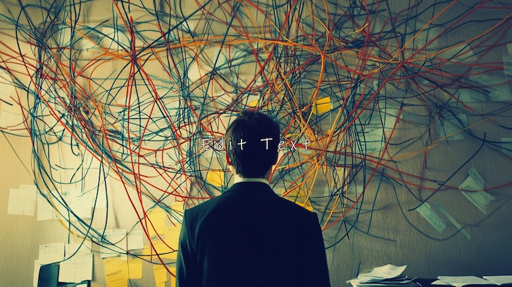 PSD businessman facing tangled wires and notes overwhelmed