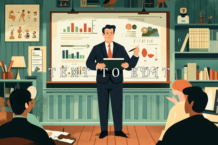 PSD businessman giving presentation with charts and graphs to a small group