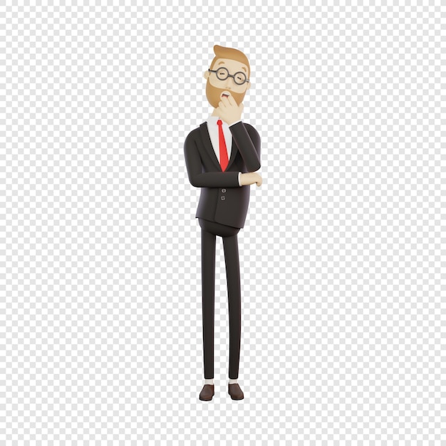 Businessman in glasses yawns bored at work isolated 3d illustration