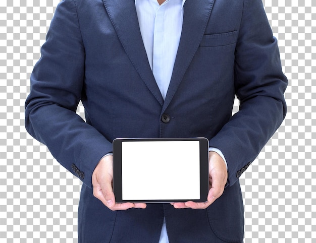 Businessman hands holding blank screen tablet computer isolated