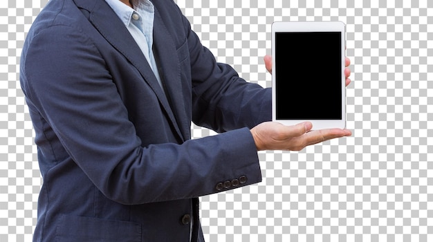 分離された空白の画面のタブレットコンピューターを保持しているビジネスマンの手