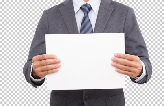 Businessman hands holding white cardboard isolated