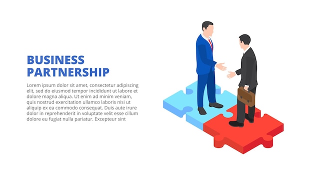 Businessman handshake on puzzle Partnership concept Isometric illustration