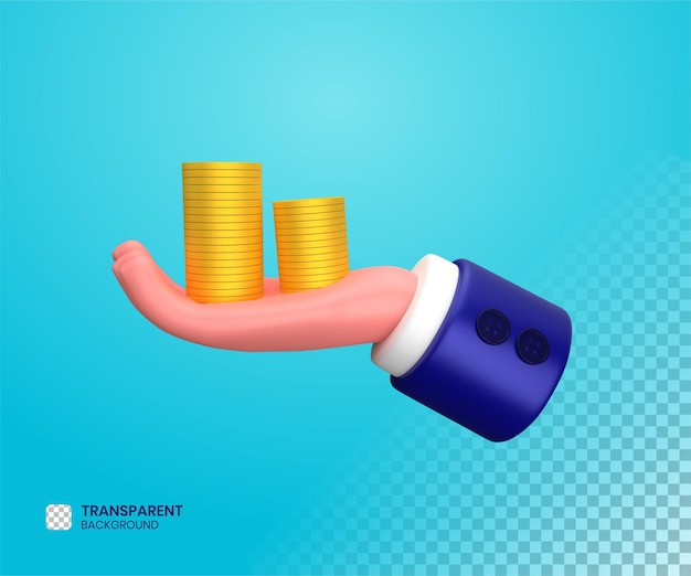 Businessman hold coin pile gesture 3d illustration