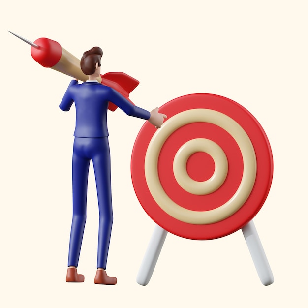 businessman holding a target point dart 3D illustration of Cute cartoon smiling isolated on white background