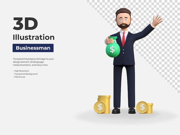 Businessman holding bag of money 3d character illustration