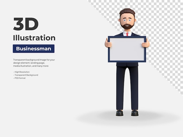 Businessman holding blank page board 3d character illustration