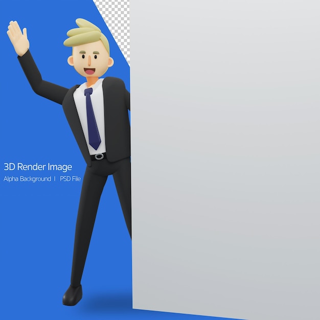 빈 signshowing 빈 간판을 들고 사업가 3d 렌더링 만화 그림