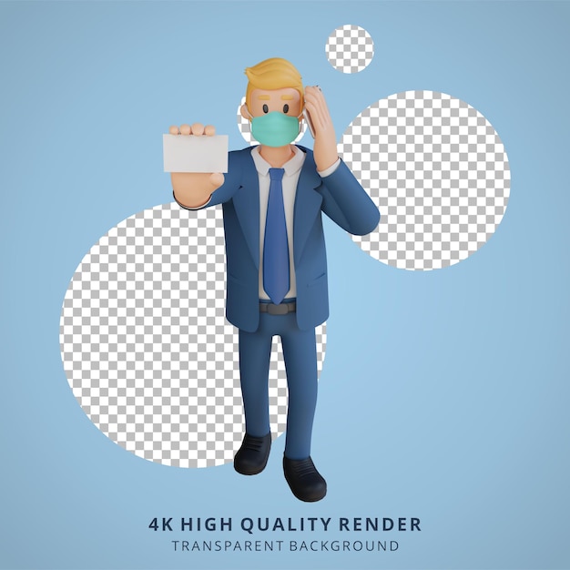 PSD businessman holding a business card character wearing mask 3d character illustration