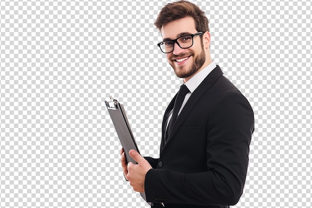 白い孤立した背景にクリップボードを握っているビジネスマン