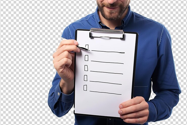 PSD businessman holding clipboard on white isolated background