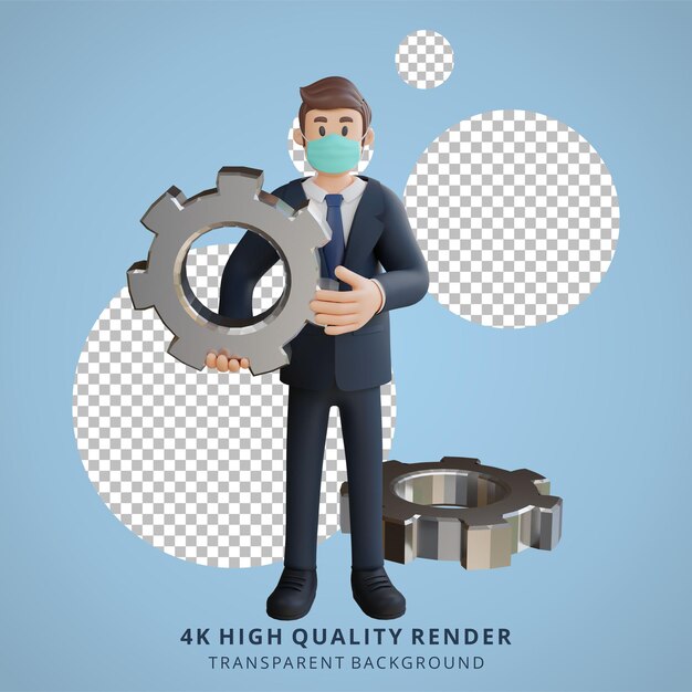 PSD businessman holding gear character wearing mask 3d character illustration