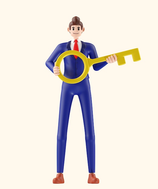 PSD businessman holding key point of successful3d illustration of cute cartoon smiling isolated on white background