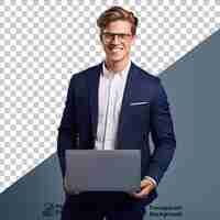 PSD businessman holding a laptop isolated on transparent background png file