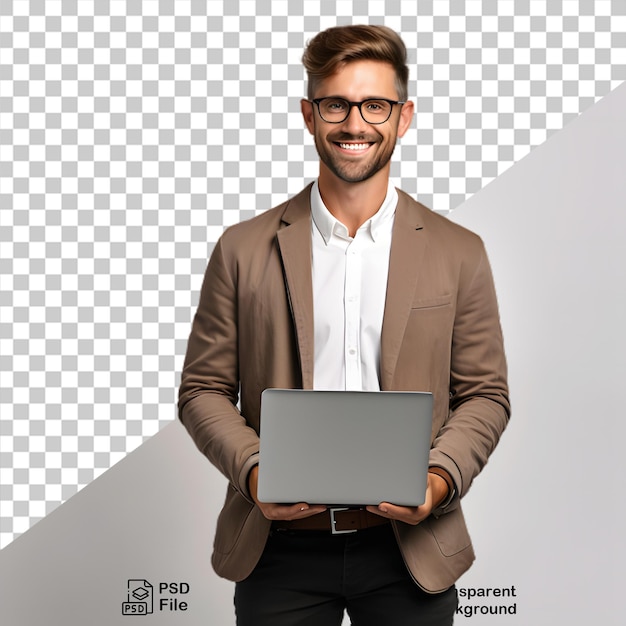 PSD businessman holding a laptop isolated on transparent background png file