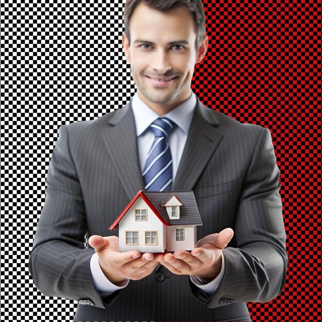 PSD a businessman holding mini house on transparent background