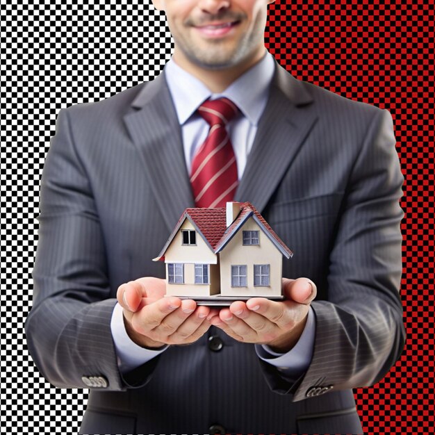 PSD a businessman holding mini house on transparent background