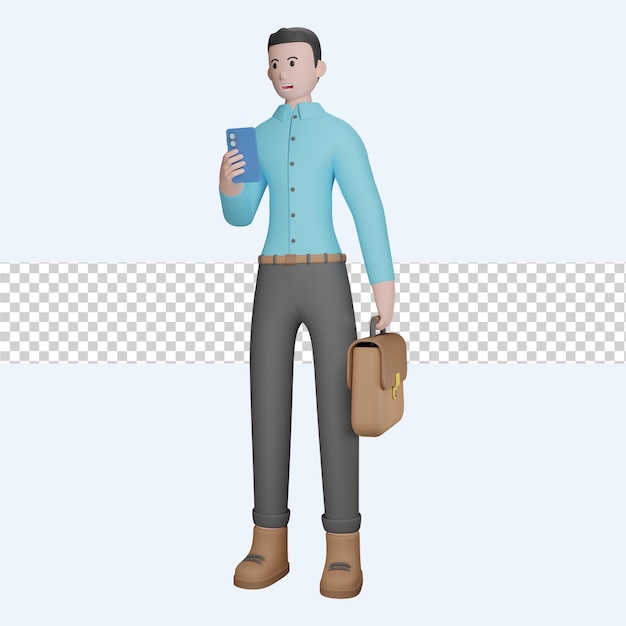 Бизнесмен держит смартфон и портфель 3d иллюстрация