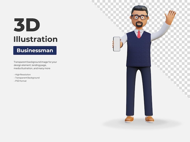 Businessman holding smartphone while showing blank screen template 3d character illustration