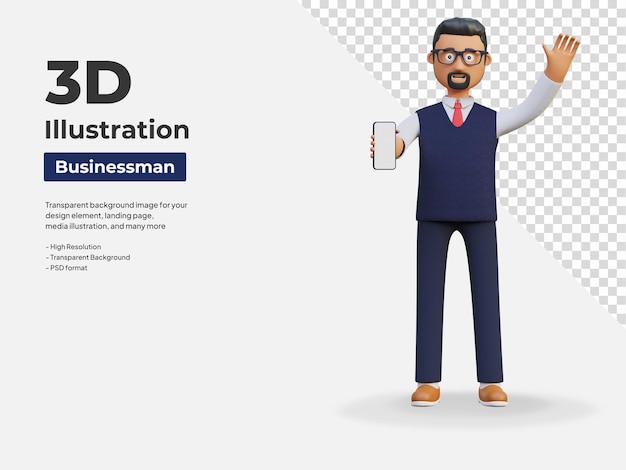 空白の画面テンプレート 3 d キャラクター イラストを表示しながらスマート フォンを保持している実業家