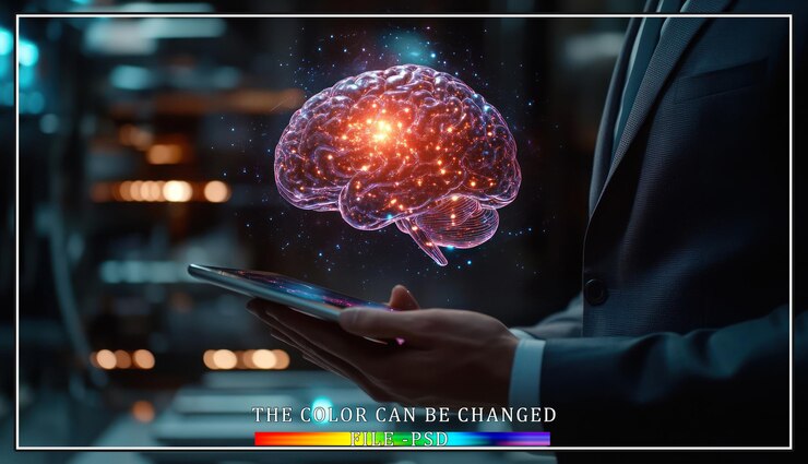 PSD a businessman holding a smartphone with a digital brain image hovering above it