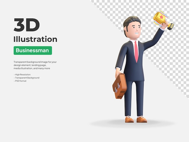 Businessman holding trophy achievement from office character 3d illustration render