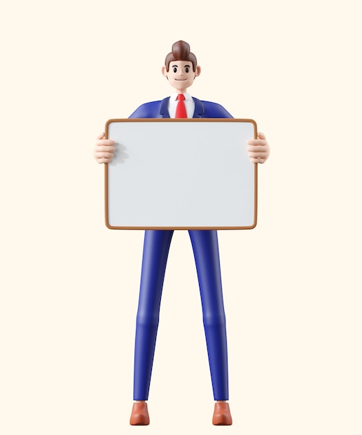 businessman holding whiteboard and presenting 3D illustration of Cute cartoon smiling isolated on white background