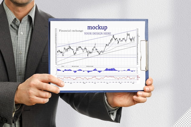 Businessman holds clipboard and shows document mockup change design cut out background