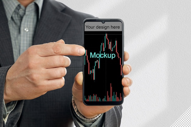 Businessman holds smartphone and shows mockup change design isolated background