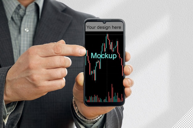 PSD ビジネスマンはスマートフォンを保持し、モックアップの変更デザインの分離された背景を示しています