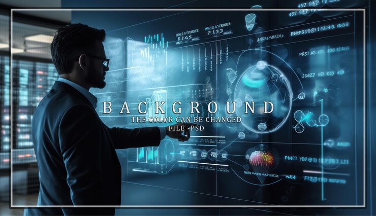 PSD businessman interacting with interactive holographic data
