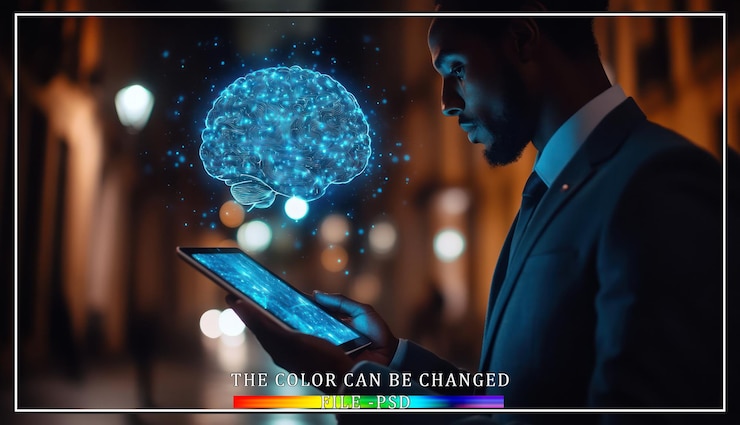 PSD a businessman looks at a digital brain hologram on a tablet in a city at night