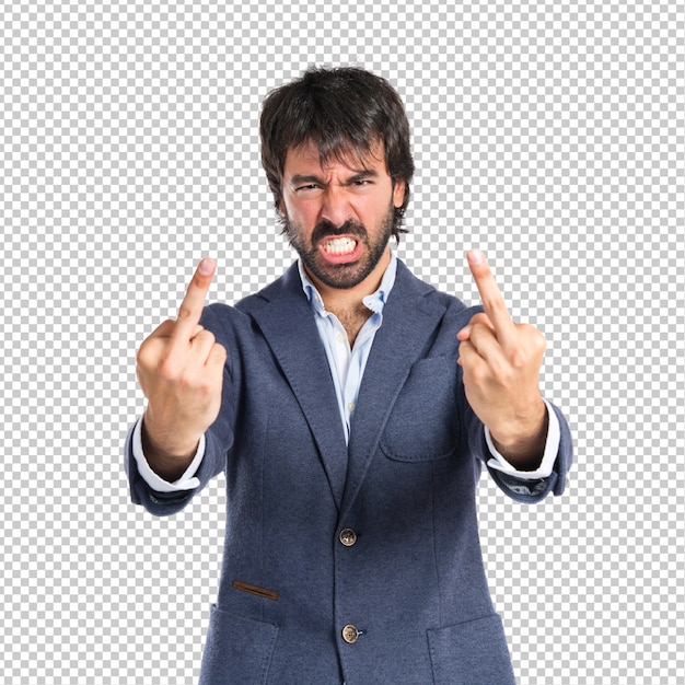 PSD businessman making horn gesture over white background